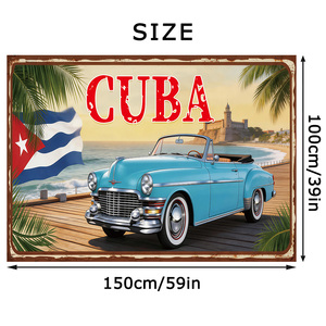 Fondo de Cuba, Habana, Bandera Cubana, Coche Azul Clásico Vintage, Palmeras, Decoración para Fiestas en Cuba, Habana, Pancarta - Product Image 1