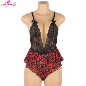 Deep V Cross Back Black Girl Embroidery Lingerie Hollow Out Floral Lace Women's Plus Size Teddy Bodysuit Sexy Lingerie With Bow