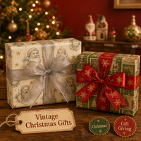 Papier cadeau de Noël classique vintage - Illustrations et motifs rétro, papier d'emballage épais et robuste