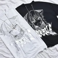 T-shirt à manches courtes et col rond noir, tendance, sportif, avec images de dessins animés, chaîne en métal, grande taille
