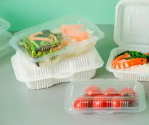 Recipiente de plástico para viagem, recipiente de plástico com tampa articulada para embalagens de alimentos ecológicas
