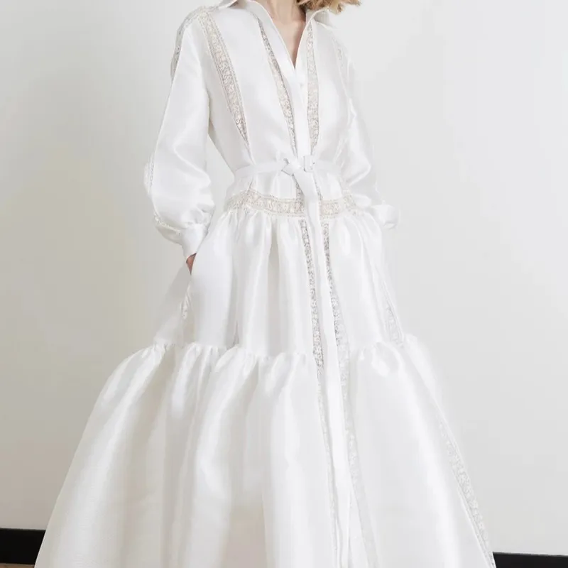 Fashion elegant silk dress long sleeve v neck white vintage silk long maxi dresses with lace