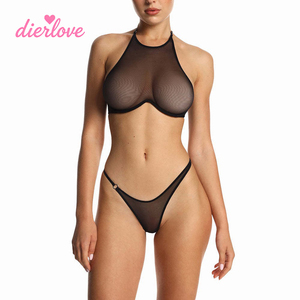 Ensemble de <span class=keywords><strong>lingerie</strong></span> sexy et provocant noir en résille transparente, col montant, avec soutien-gorge à armatures et détails croisés scintillants - Product Image 2
