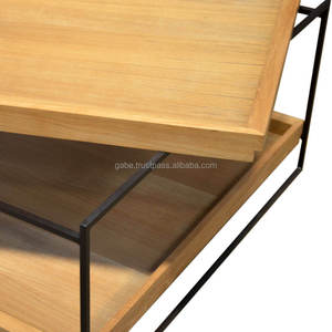 Contemporary teak wood coffee <b>table</b>, featuring a sleek black metal frame and dual shelves for stylish storage and timeless - Product Image 1