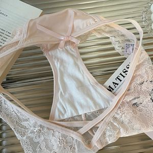 Braguitas de satén rosa con encaje para mujer, de talle medio, elegantes, transpirables, de secado rápido, con tirantes finos y lazo. - Product Image 4