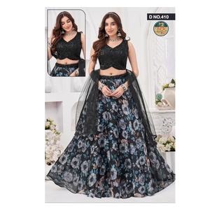 Conjunto de Lehenga Choli con Estampado Floral para Mujer, Blusa sin Mangas Bordada en Negro con Dupatta, Atuendo Étnico para Fiesta - Product Image 4