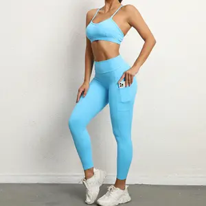Ensemble de Yoga pour femmes, soutien-gorge push up sexy et leggings couleur chair, respirant, bretelles croisées, course à pied, rembourré