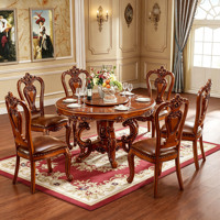 Ensemble de table à manger ronde en bois massif européen de luxe, chaises de salle à manger en cuir PU sculptées à la main pour villa, maison, hôtel, vente en gros