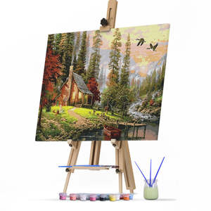 Dipinto Acrilico Fai-da-Te Ecologico <span class=keywords><strong>BC</strong></span>&ART, Paesaggio Rustico con Casa nel Bosco al Tramonto, Stile Classico Tradizionale, Quadro Quadrato per Casa - Product Image 1