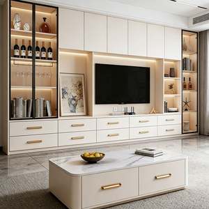 Meuble TV moderne multifonctionnel mural, console multimédia avec étagère en verre pour le salon - Product Image 3