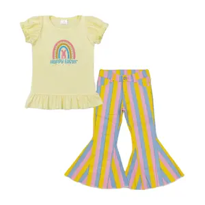 Pre order Children Clothes for Girls 2 pcs Set Rainbow Print Yellow Short-sleeve Clothing for Kid Stripe Denim Flared Pants Set