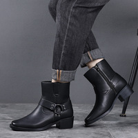 Bottines pour hommes à talon bloc épais, style vintage, avec anneau métallique, fermeture éclair latérale, bout carré, sangle à boucle de harnais, style western cowboy