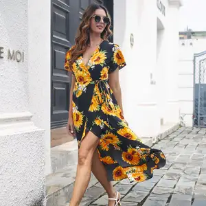 New Fashion Summer Sunflower Resort Short Sleeve Dress Women Leopard Print Ruffle Wrap Tie Swing Boho Maxi Dresses For Female