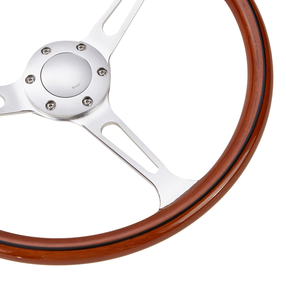 Aramox 15" Wood Steering Wheel - Walnut Grip, 3-Spoke Chrome, 6-Hole Universal Fit For Car Modification