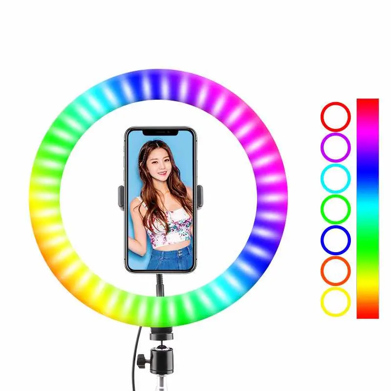3000K-6000K 13 इंच आरजीबी अंगूठी प्रकाश फोटोग्राफी प्रकाश 15 रंग 33cm रंग भरने प्रकाश के साथ मोबाइल फोन क्लिप