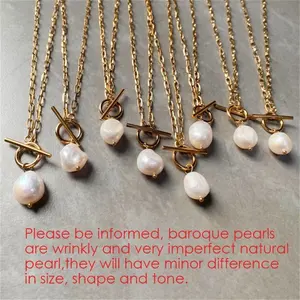 New Elegant Women Natural Baroque Fresh Water Pearl Stainless Steel Gold Plated Paper Clip Chain Pendant Necklace