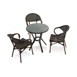 3-Piece Waterproof Metal and Fabric Bistro Set Aluminum Bamboo Look Table and Chairs for Patio Coffee Shop for Park or Hall