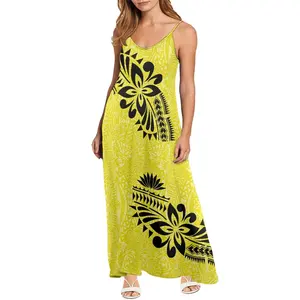 Vestidos de gasa amarillos para mujer, vestido playero con tirantes finos, estampado de tatuaje Tribal polinesiano, para verano