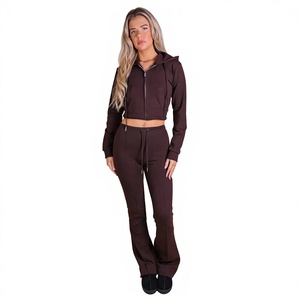 Pantalons de jogging et de survêtement évasés pour femmes, 100% coton, tissu éponge, style streetwear, fermeture éclair et design avec patchs - Product Image 1