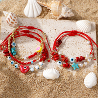 Go2boho Bracelet de perles de corail rouge à la mode serti de mauvais œil coeur étoile de mer plaqué or détaillant taille réglable pour cadeau