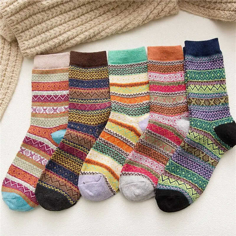 Зимние новые дизайнерские горячие продажи разноцветные винтажные теплые толстые шерстяные вязаные носки под заказ 5 шт. мягкие зимние женские носки