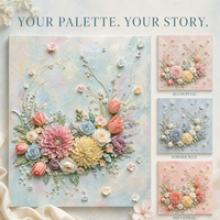 Panel Kanvas Botani Pastel Elegan, Karya Seni Bunga 3D Matte dengan Piping untuk Gaya Interior Rumah Modern