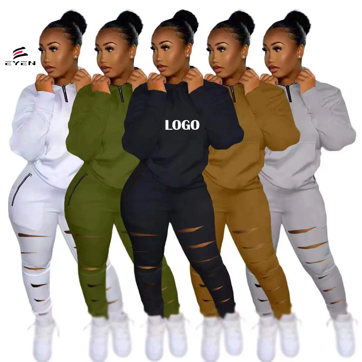 Conyson High Quality Autumn Clothes Ture-down Collar OverSize Solid Outfit Zipper Pockets Hole Pant Bodycon Casual Two Piece Set