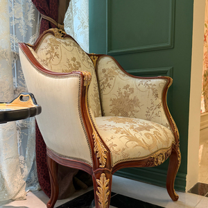 Sillón de lectura y ocio de madera noble, tapizado de felpa con tapicería de <span class=keywords><strong>damasco</strong></span>, con decoración dorada elaborada y tallada, estilo tradicional para salón de mansión - Product Image 2