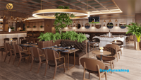 Concept de design d'intérieur pour pub et restaurant : comptoir de bar lounge en bois style speakeasy, ensemble table et chaises classiques pour salle de jeux de pub
