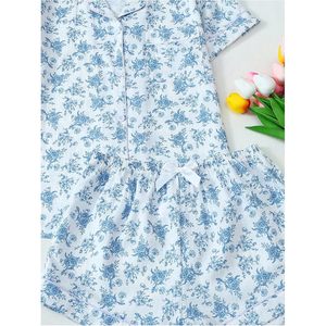 Ensemble pyjama deux pièces pour femmes, imprimé floral, manches courtes, chemise boutonnée, short à nœud, vêtements de nuit, vêtements de détente - Product Image 5