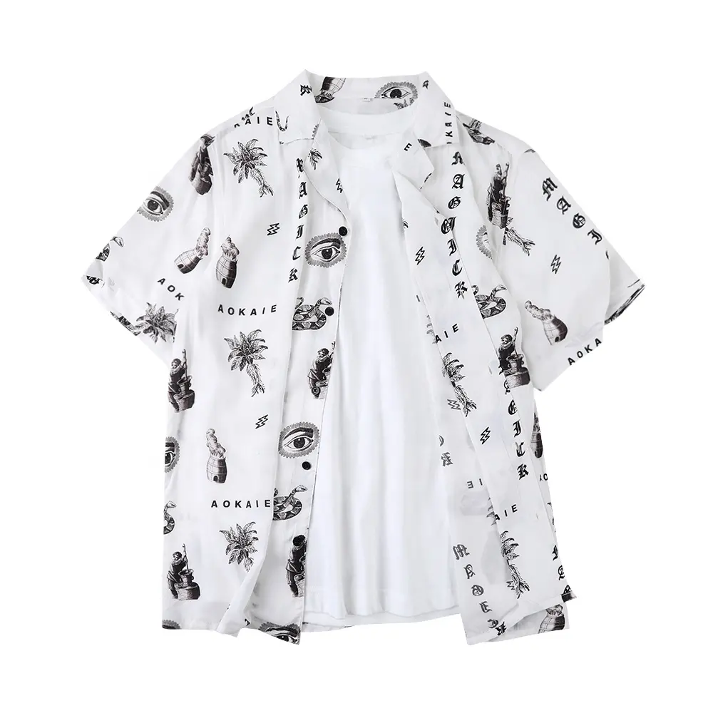 Factory supplier fashion short sleeve rayon black white floral print hawaiin bangkok shirts
