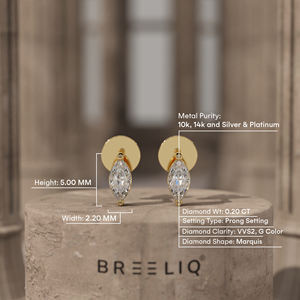 Boucles d'oreilles clous en or blanc 14 carats avec diamant marquise, élégantes, solitaires, taille brillant, bijoux fins - Product Image 6