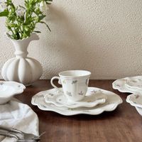 Service de vaisselle en céramique grès motif plantes de jardin français, compatible micro-ondes, style rétro, assiettes à dessert et pâtes, tasse à café et soucoupe