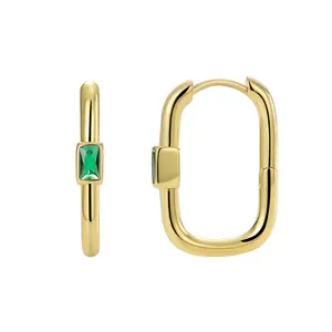 2023 High Quality Simple Green Zircon 18K Gold Plated Square Hoop Huggie Earrings Brass Jewelry Wholesale