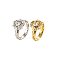 Bague Fleur Rose en Acier Inoxydable avec Zircon Cubique Transparent 12mm, Bague Florale Tendance pour Femme, En Stock