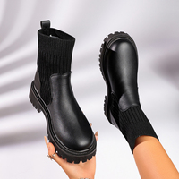Bottes Chelsea à plateforme épaisse pour femmes, bottes à chaussettes en tricot, bottes en cuir à enfiler, chaussures d'hiver