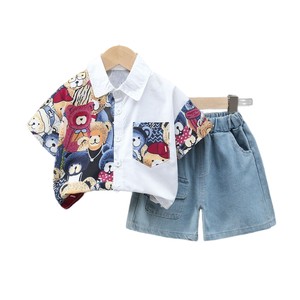 <span class=keywords><strong>Ensemble</strong></span> d'Été Garçon Style Coréen Tenue Élégante pour <span class=keywords><strong>Enfant</strong></span> Chemise à Manches Courtes + Short en Jean Vêtements Décontractés pour Garçons 5 Ans - Product Image 1