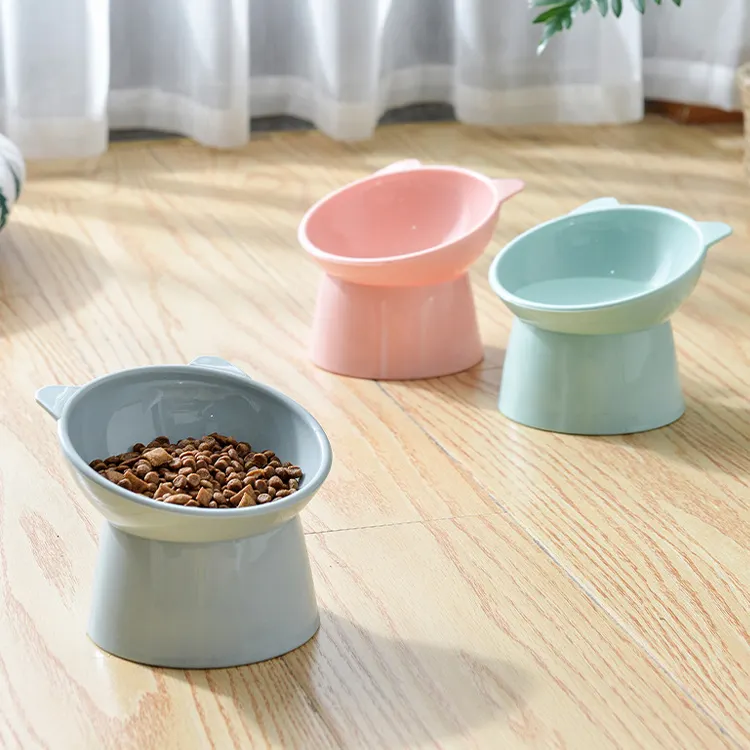 Tigela de comida de gato barata com design exclusivo, alimentador lento ecológico para animais de estimação, uso duplo, tigela de água potável para cães com encosto elevado em PP