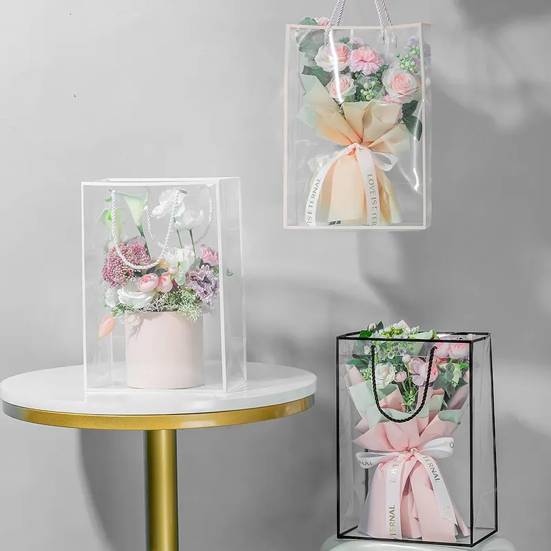Wholesale Fashion Hand-held Flower Floral Bags Plastic Pvc Bag Pink Transparent Clear Packaging Box Bag For Bouquets