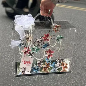 थोक पारदर्शी साफ़ ऐक्रेलिक फूलों का गुलदस्ता उपहार क्लुथ शॉपिंग बैग बॉक्स भंडारण आयोजक ऐक्रेलिक डिस्प्ले बॉक्स