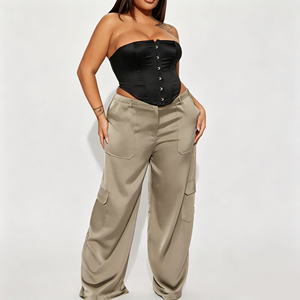 <strong>Plus</strong> <strong>Size</strong> Satin Cargo Wide Leg <strong>Pants</strong> Women High Waist Glossy <strong>Parachute</strong> Trousers Loose Casual Wholesale Custom Private Label - Product Image 1