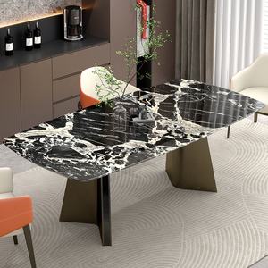 Marmeren keukentafelset voor 4/6 personen met stoelen |   8/10-persoons klassieke eettafel met roestvrijstalen frame in Franse stijl - Product Image 1