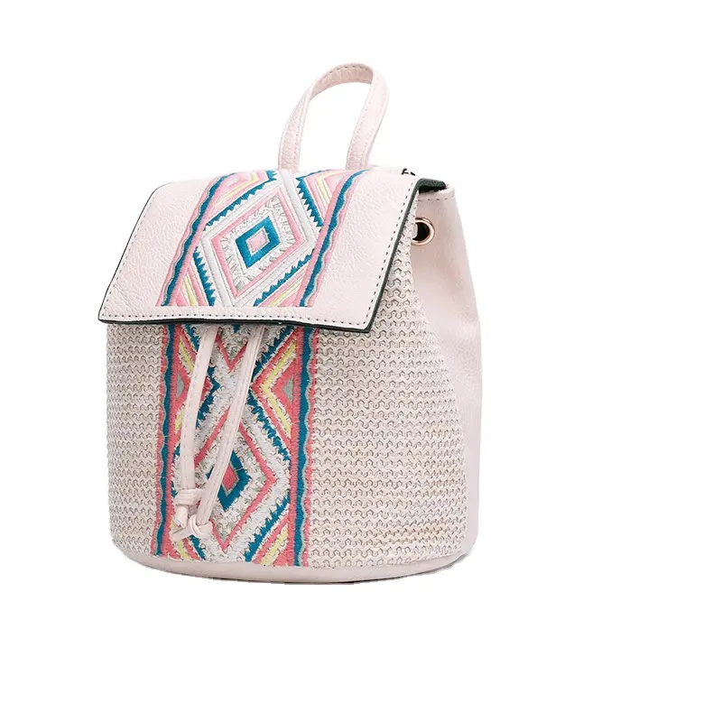 New vintage high quality rhombus embroidery straw braid polyester backpack bucket bag for women ladies