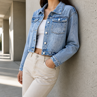 BEAUDRM Veste en jean pour filles, boutonnée, manches longues, manteau en jean, streetwear, été, bleu clair, nylon/coton, lavage en machine