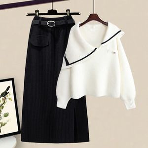 Grande taille automne costume <span class=keywords><strong>col</strong></span> <span class=keywords><strong>roulé</strong></span> couleur bloc <span class=keywords><strong>pull</strong></span> ourlet fendu tricoté jupe deux pièces ensemble mode pour les femmes - Product Image 3
