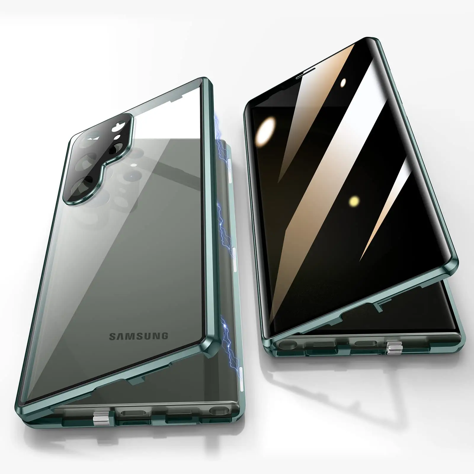삼성 갤럭시 S23 S22 Ultra에 대한 개인 정보 보호 화면이있는 패션 금속 자기 강화 유리 양면 휴대 전화 케이스