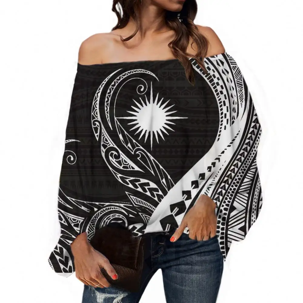 Black & White Polynesian Marshall Island Tribal Print Summer Chiffon Blouse For Women Custom Sexy Plus Size Long Sleeve Blouse