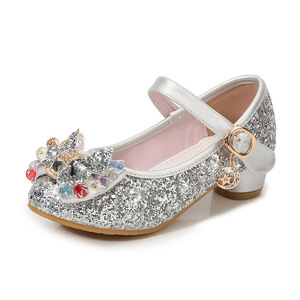 Nouvelles Chaussures de Fête pour Filles <span class=keywords><strong>à</strong></span> Talons Bas Dorés Scintillants avec Nœud et Breloque en Cristal, Dessus en PU, <span class=keywords><strong>à</strong></span> Enfiler, Antidérapantes, pour Spectacles, Vente en Gros - Product Image 4
