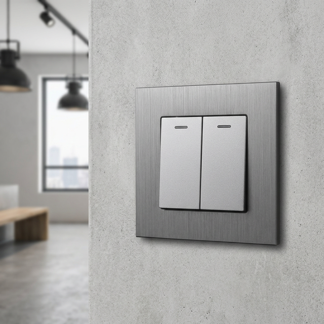 MEZEEN EU Electric Wall Light Switch 86 Size 2 Gang 1 Way Power Switch With LED Indicator Grey Color Brushed Aluminum Panel
