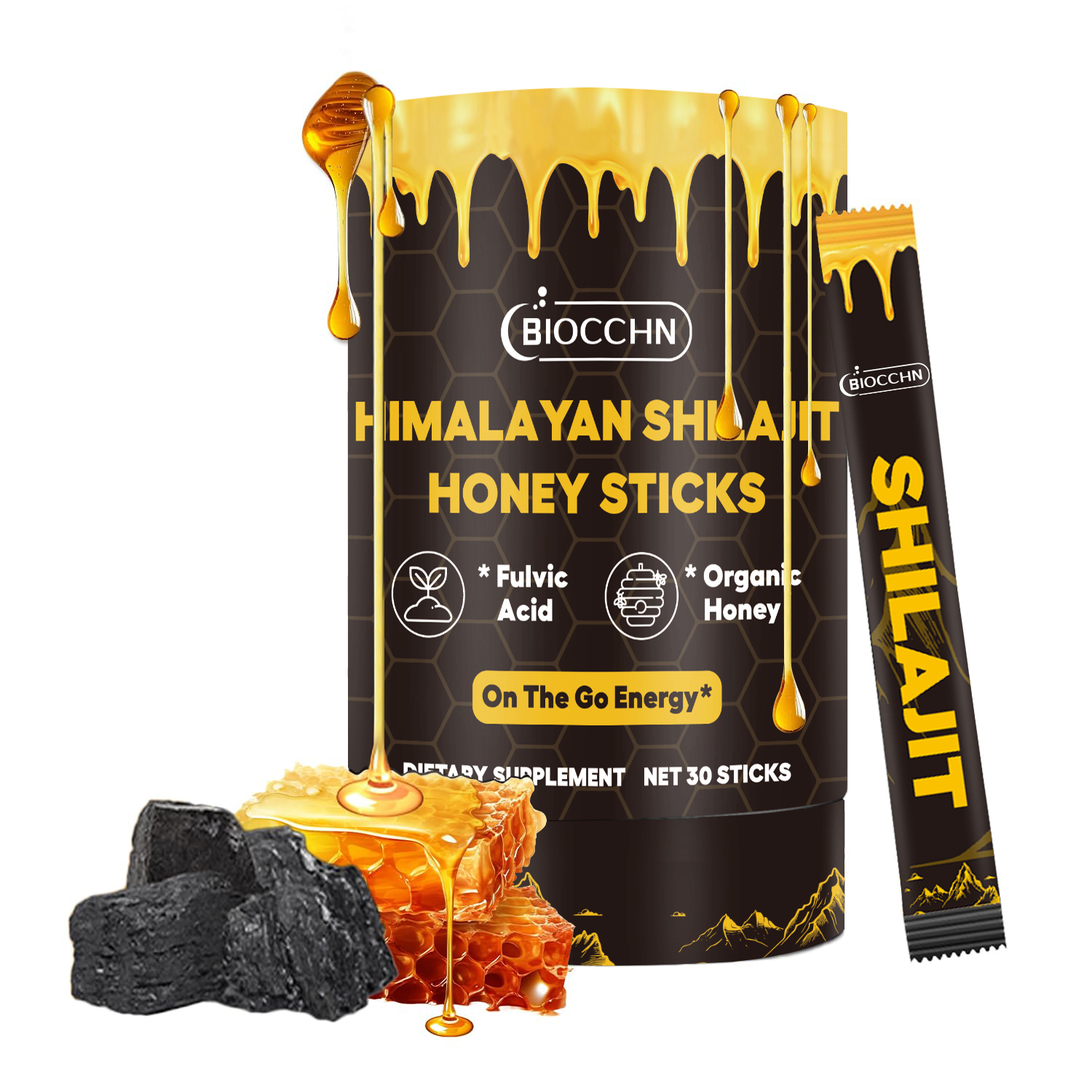 Private Label Shilajit Honey Sticks For Men & Women, Halal Shilajit Supplement, Himalayan Shilajit Resin With Honey & Saffron